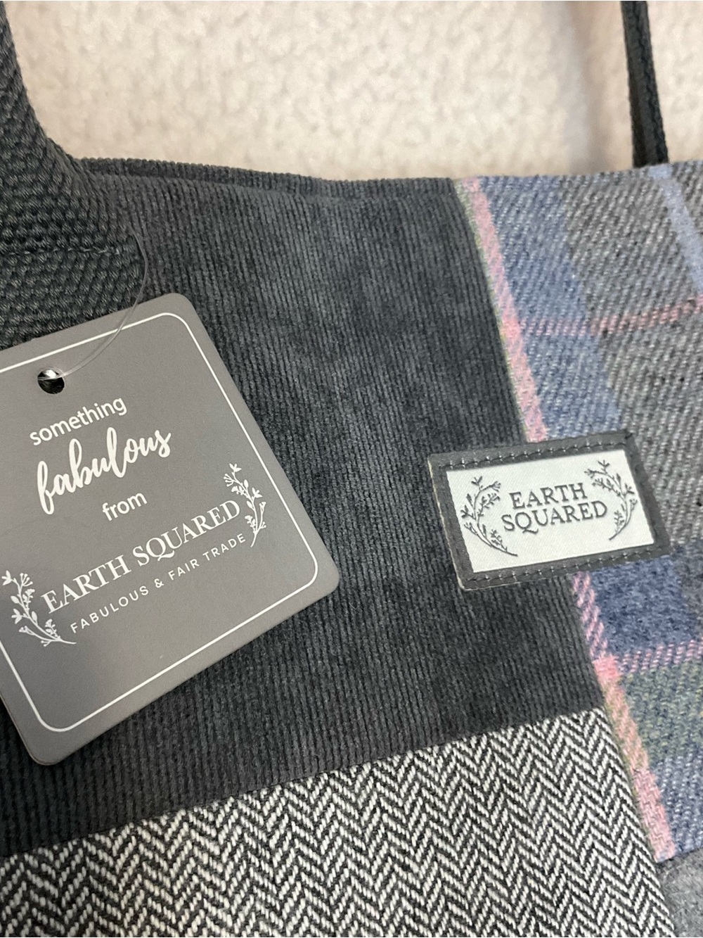 EARTH SQUARED Tote Bag/ Purse Scottish Tweed Patchwork Gray Pink Fair Trade NWT - Picture 12 of 12